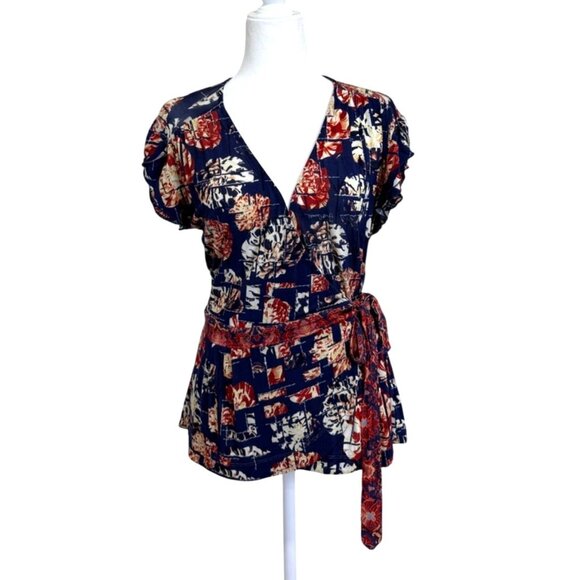 Just Cavalli Womens Floral Wrap Top Italy Navy Blue Short Sleeve Size IT 46 / US - Picture 1 of 8